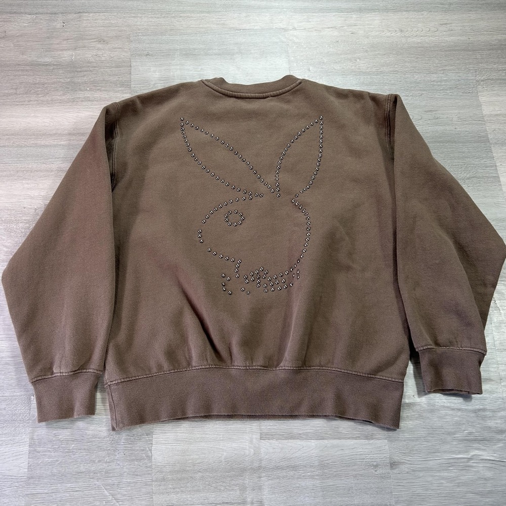 Playboy By PacSun Sweatshirt Womens Small‎ Brown Studded Bunny Logo Fleece